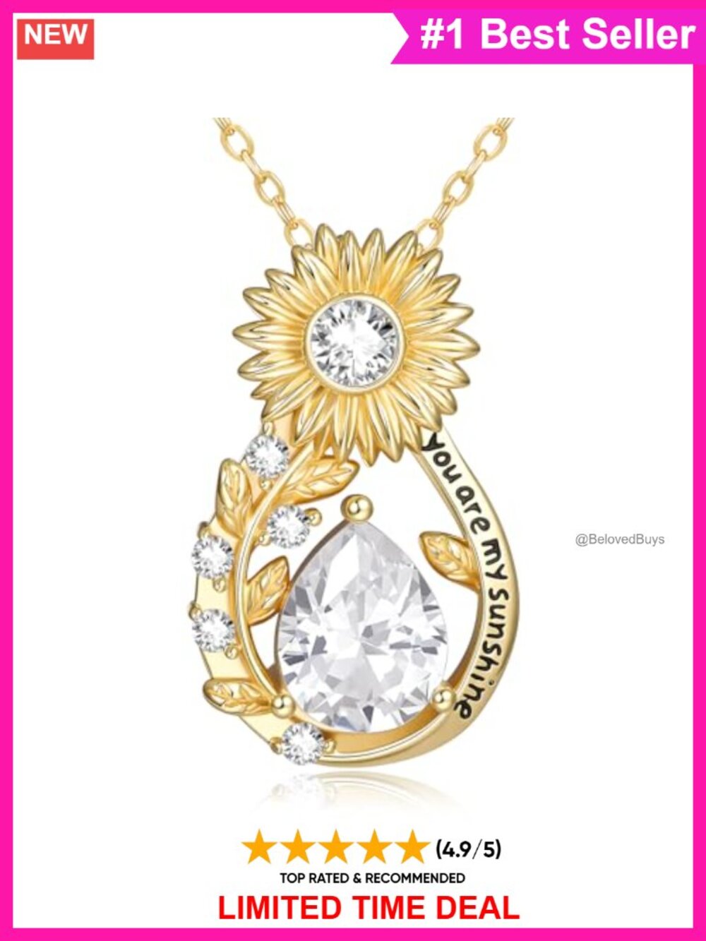 Gold Plated Sunflower Necklace Cubic Zirconia April Birthstone Pendant